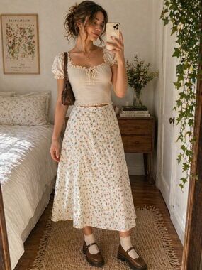 Dazy Floral Midi‎ Skirt Cottagecore Soft Girl Fairycore Aesthetic Cream Small